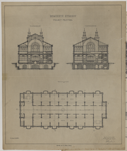 214838 Doorsneden en plattegrond van de geprojecteerde Fruithal op het Vredenburg te Utrecht.